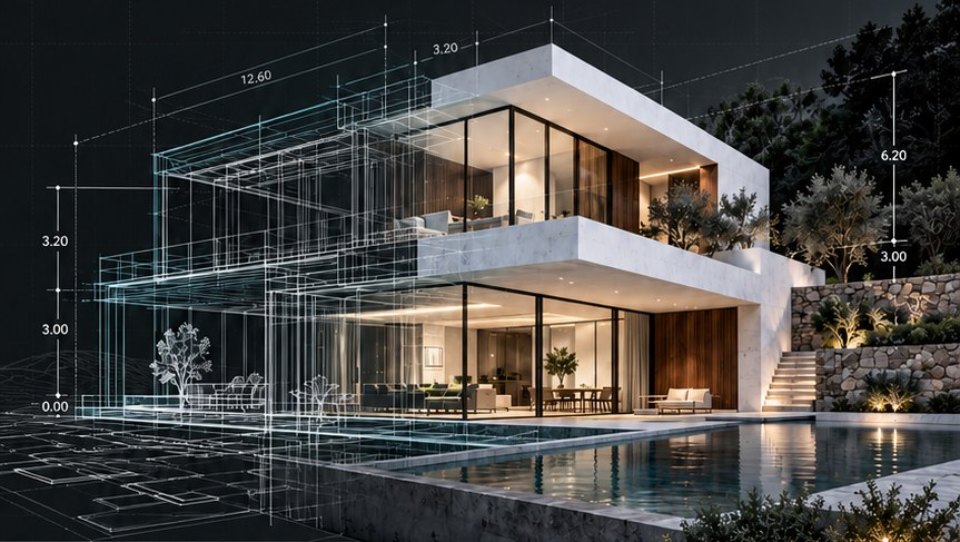 Vivienda con su plano superpuesto